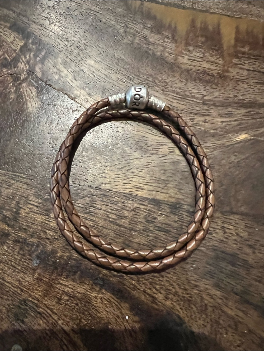 Pandora Brown Braided Leather Double Wrap Bracelet with Silver Clasp